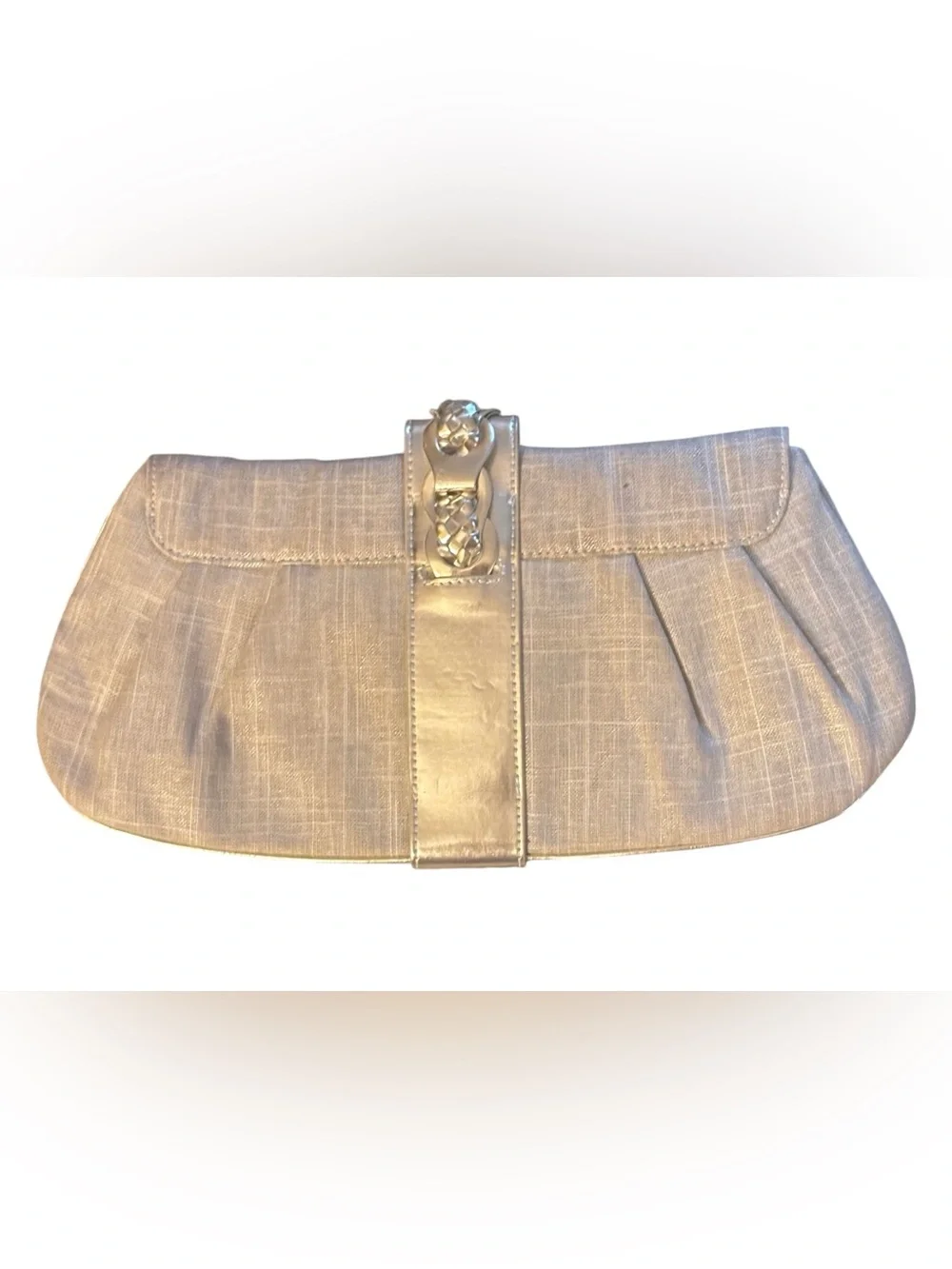 White House Black Market Cream Linen-Textured Clutch with gold Buckle-like new - Picture 2 of 5
